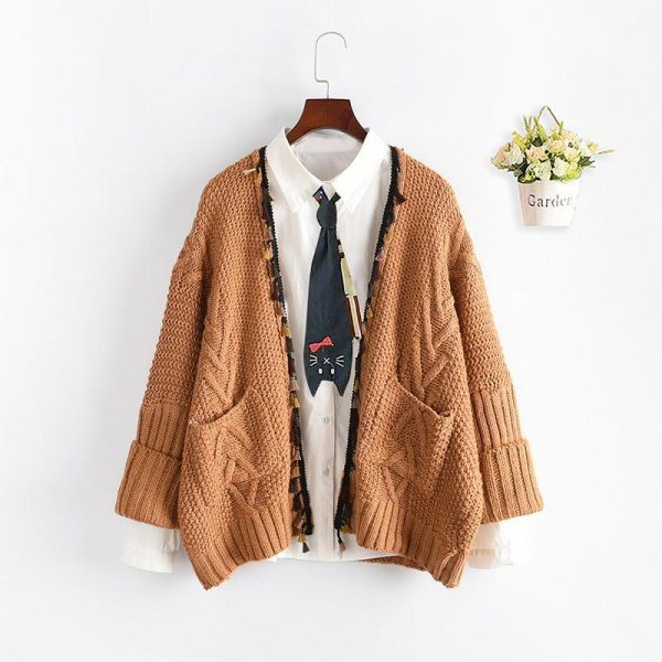 Open Front Tassel Knit Cardigan Sweater Coat - Modakawa Modakawa