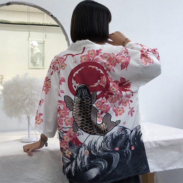Vintage Fish Print Kimono Outerwear Sun Protective - Modakawa modakawa
