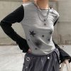 Fashion Star Print Round Collar Colorblock Sweatshirt Top  - Modakawa Modakawa